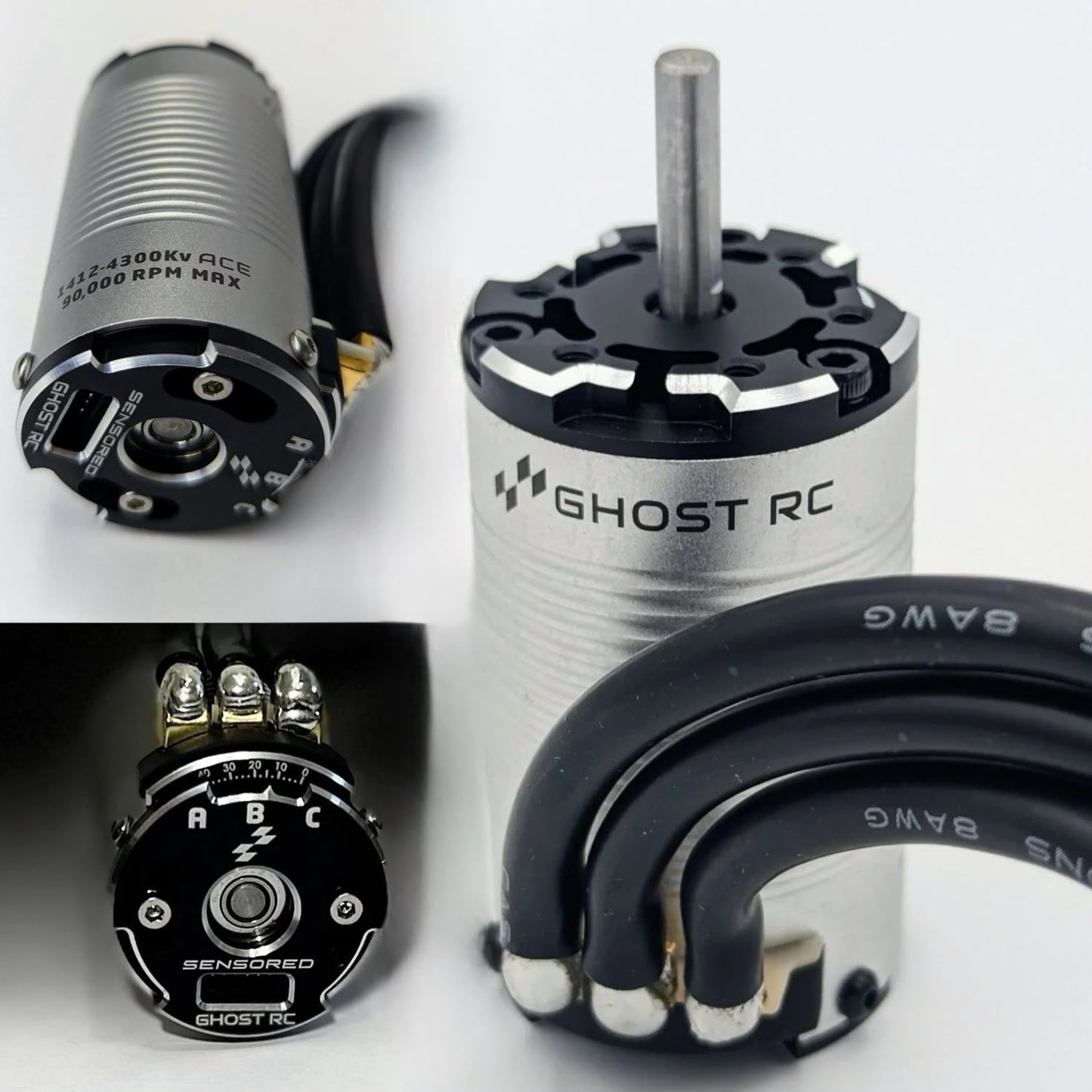A brushed electric brushless motor shown from multiple angles on a white background, with a black sensorless controller module and a black cable visible. The motor body is metallic silver with black end caps and printed branding reading GHOST RC.