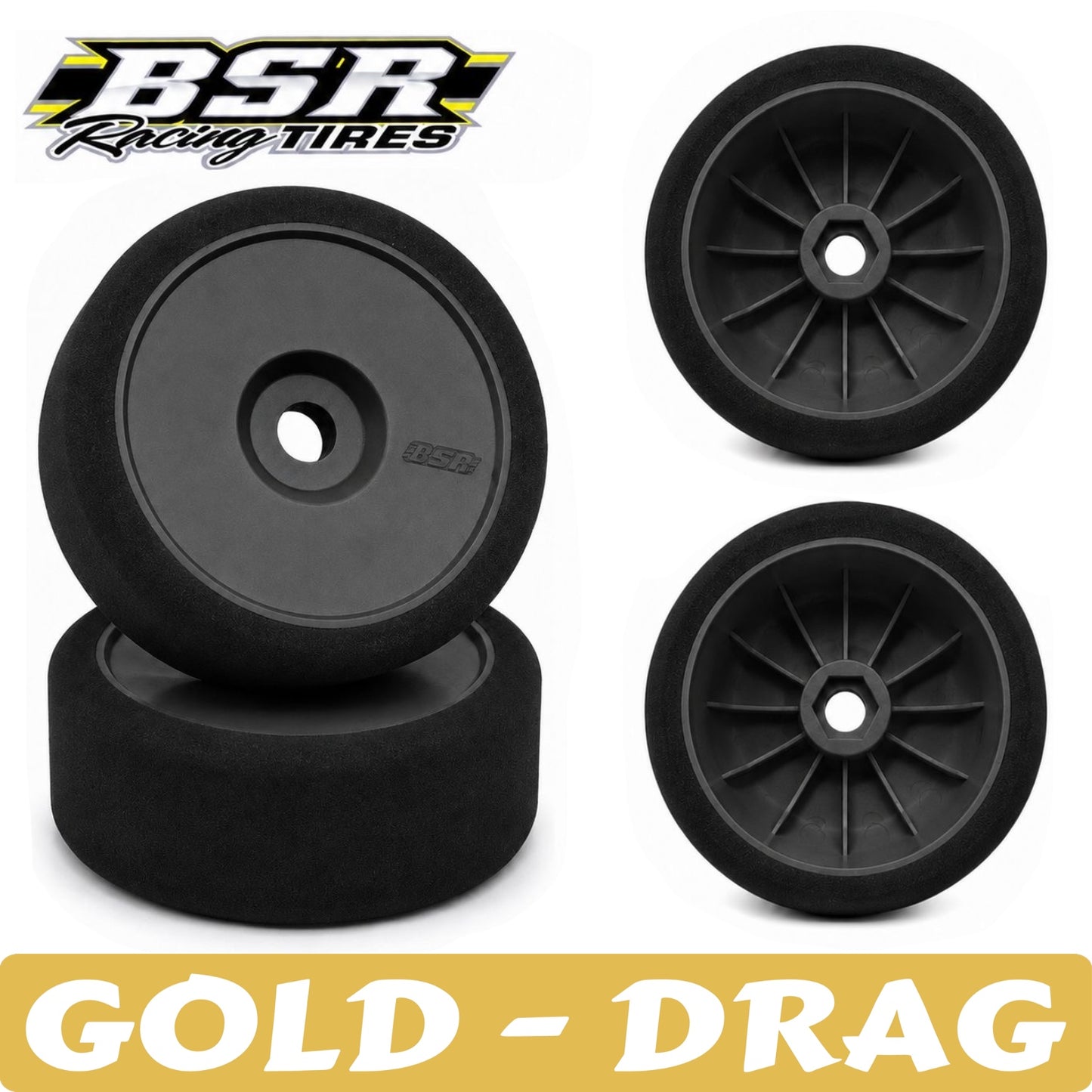 Black racing tires with 'BSR Racing Tires' logo on a white background