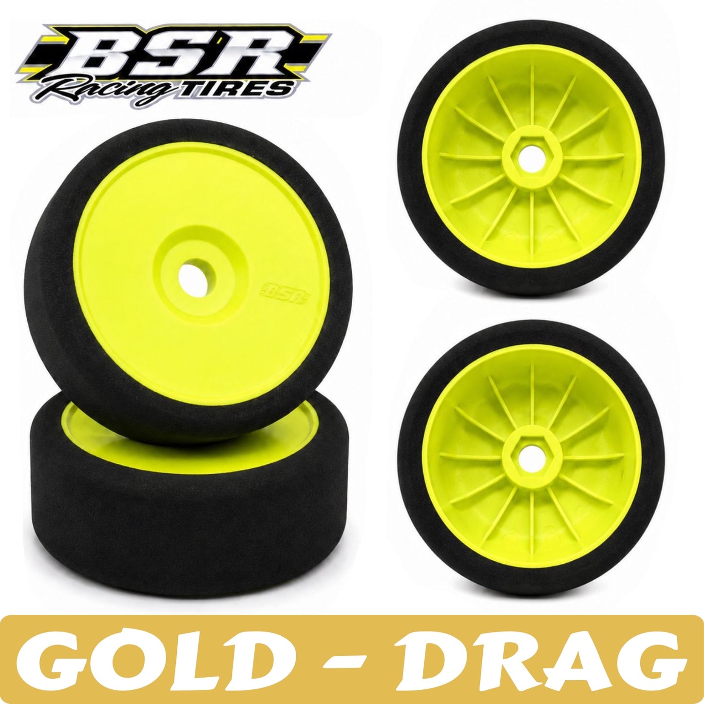 Four yellow racing tires with black rims on a white background, featuring BSR Racing Tires logo.
