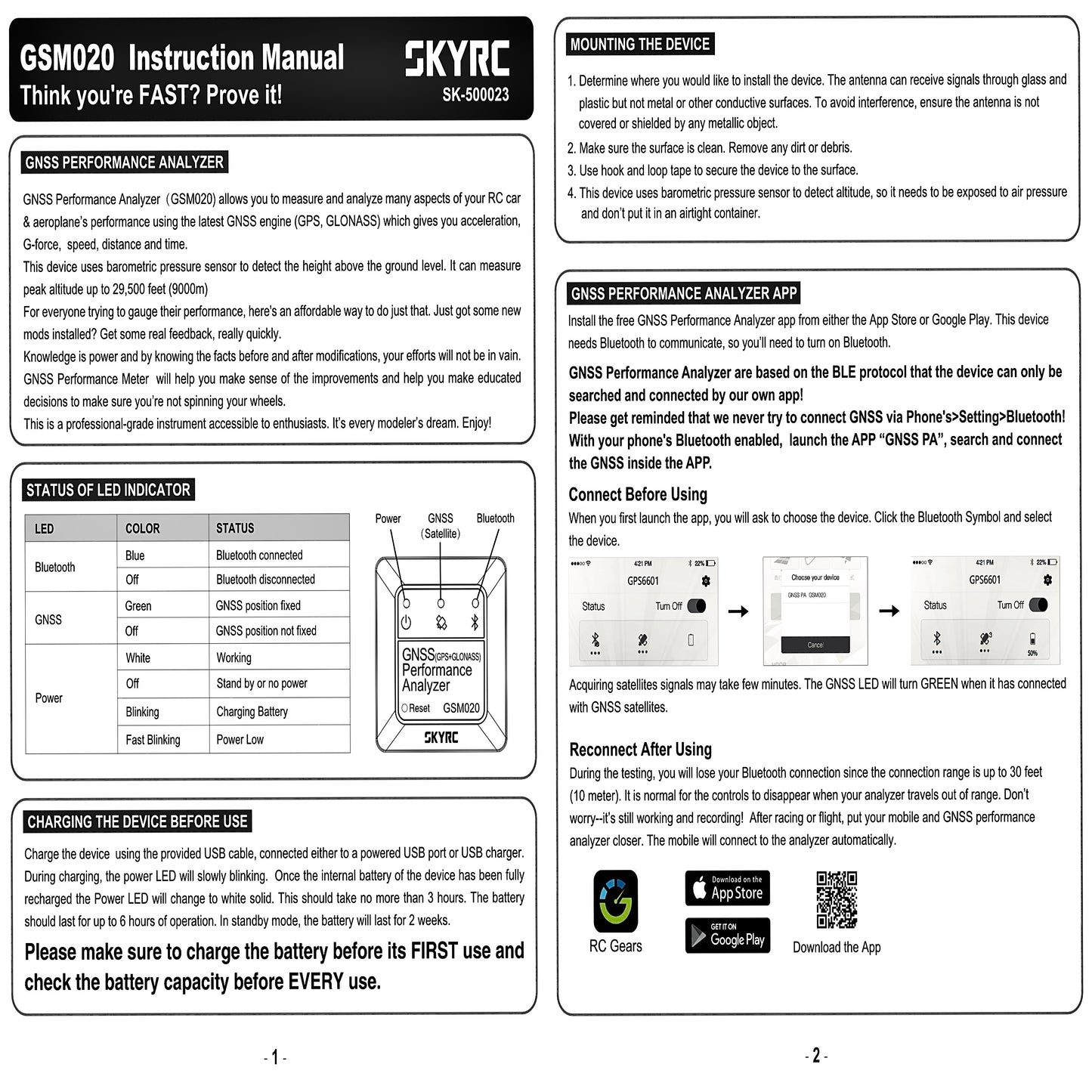 SKYRC GNSS Performance Analyzer Bluetooth GPS Speed Meter & Data Logger GSM020 SK-500023