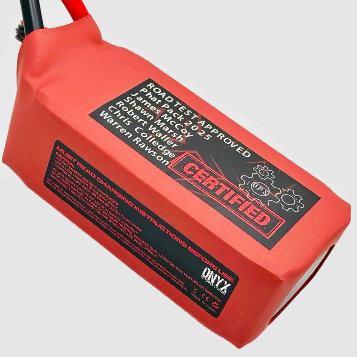 ONYX Phat Pack 10,000 4S2P Battery – 250C Speed & Drag Power - Red battery pack with certification label