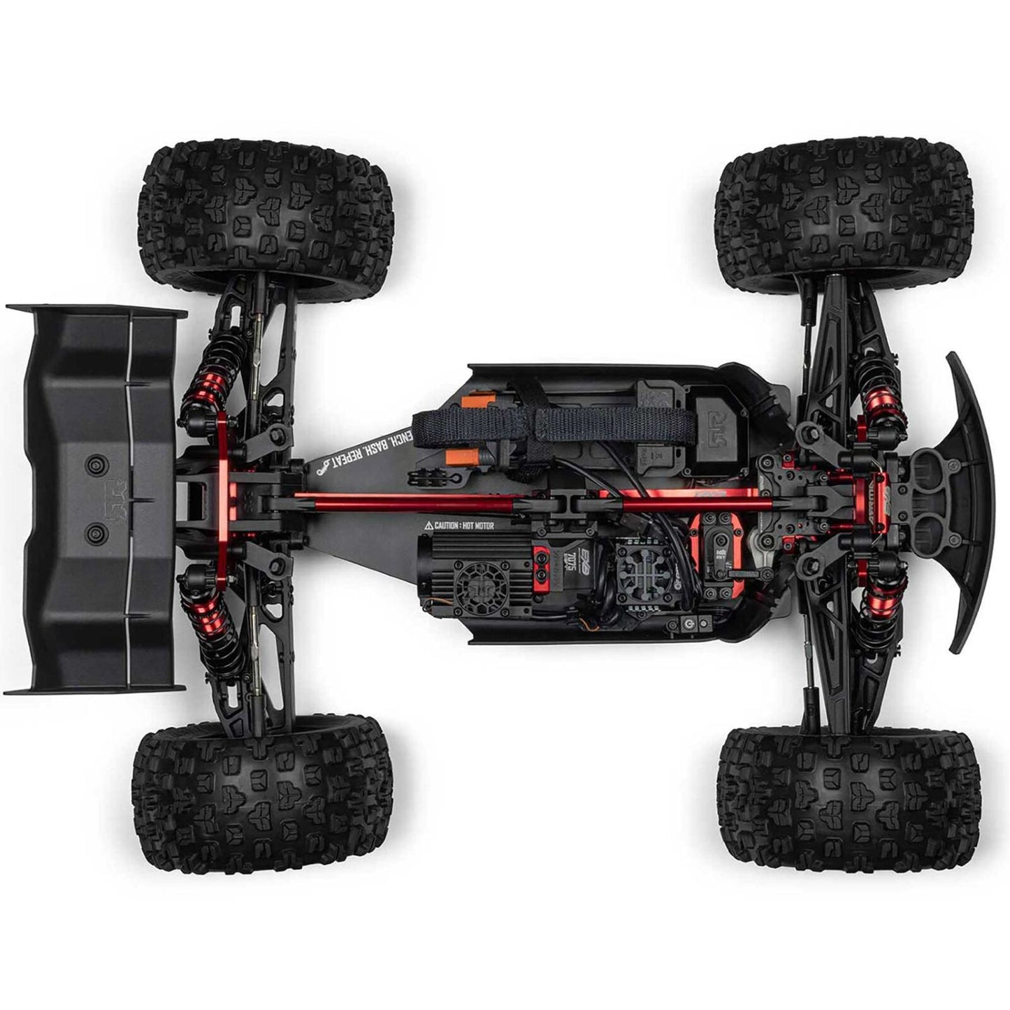 Top-down view of a black and red remote control car chassis - 1/8 ARRMA KRATON 6S EXB 4X4 RTR Brushless Speed Truck