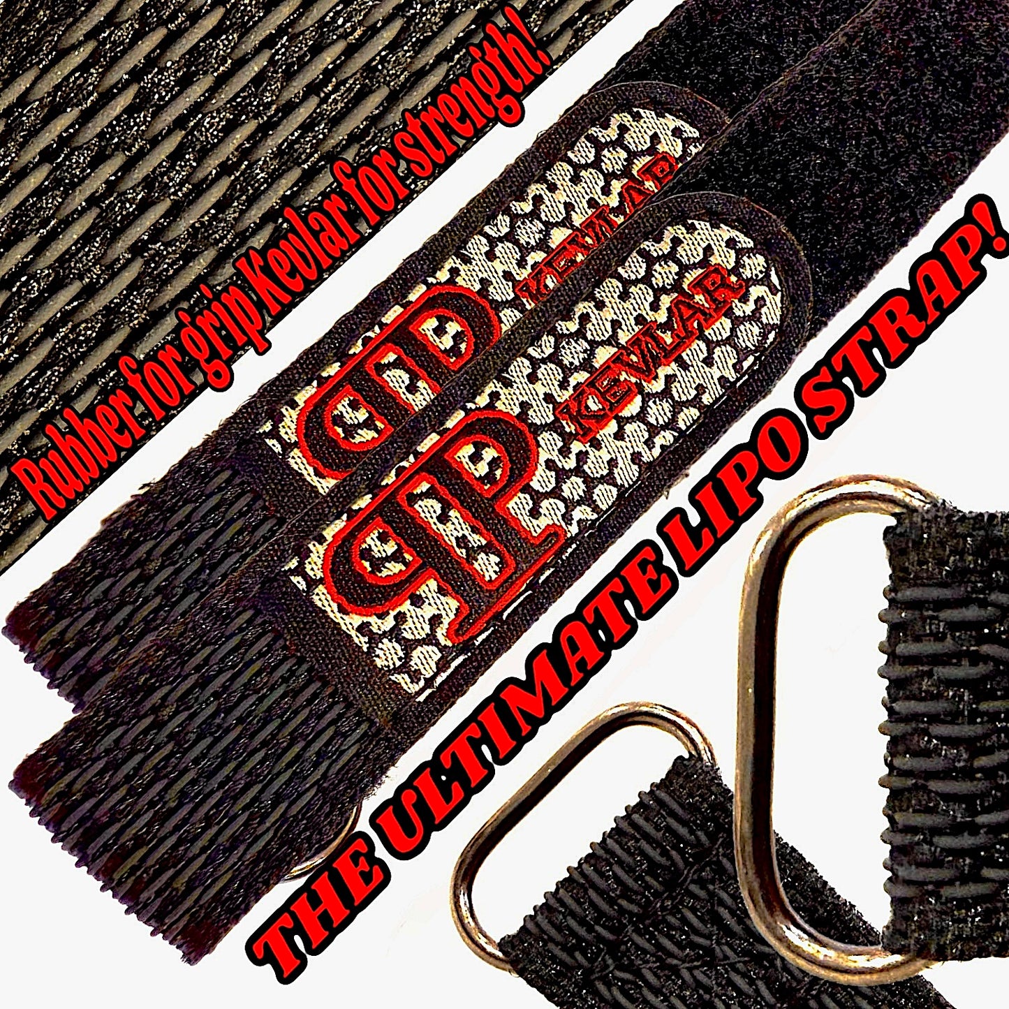 Kevlar LiPo battery strap with rubber grip and metal buckle