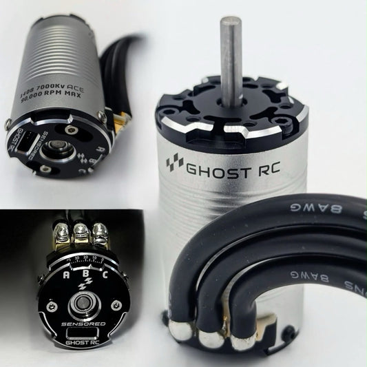 A brushed electric brushless motor shown from multiple angles on a white background, with a black sensorless controller module and a black cable visible. The motor body is metallic silver with black end caps and printed branding reading GHOST RC.