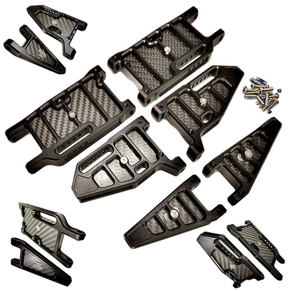 A set of black carbon fiber reinforced aluminum protective A arms for a RC crawler, shown with a small pile of mounting screws on a white background.