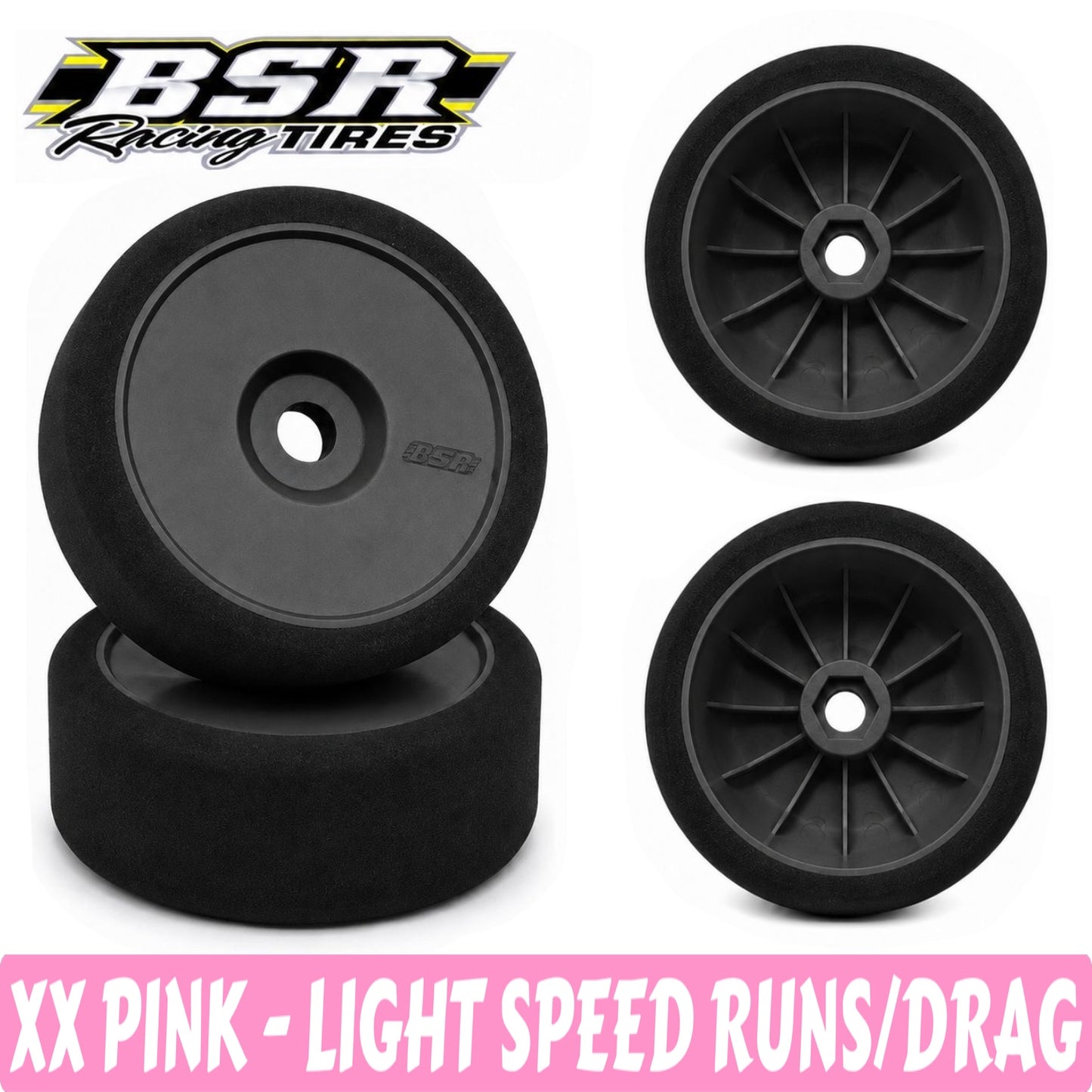 Black racing tires with BSR Racing Tires logo on a white background