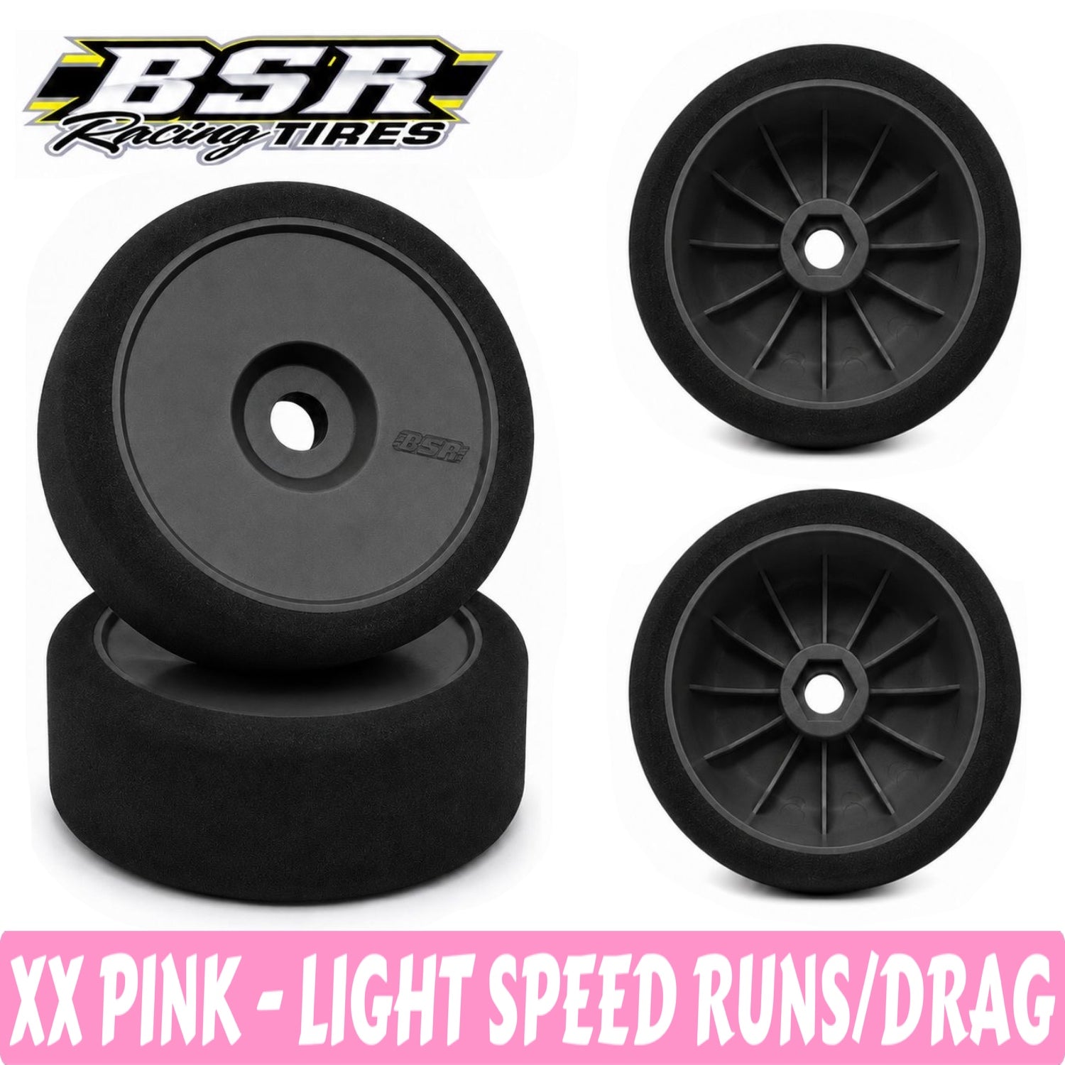 Black racing tires with BSR Racing Tires logo on a white background