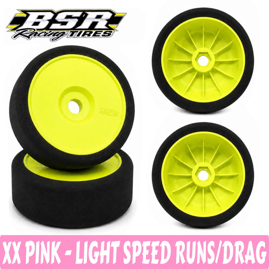 Four yellow racing tires with black rims on a white background, featuring BSR Racing Tires logo.