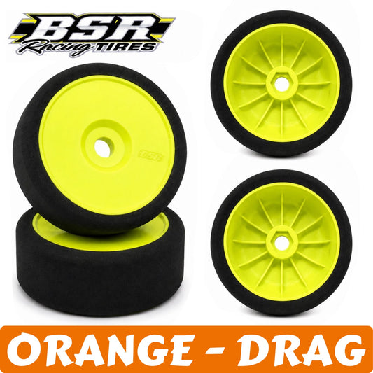 Four yellow racing tires with black rims on a white background, featuring BSR Racing Tires logo.