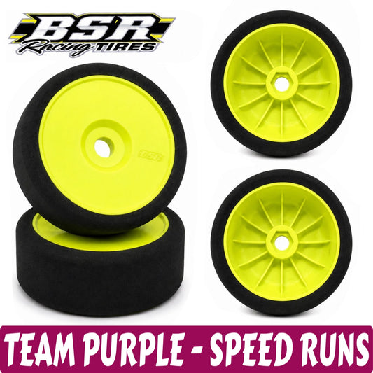Four yellow racing wheels with black tires on a white background, featuring BSR Racing Tires logo.
