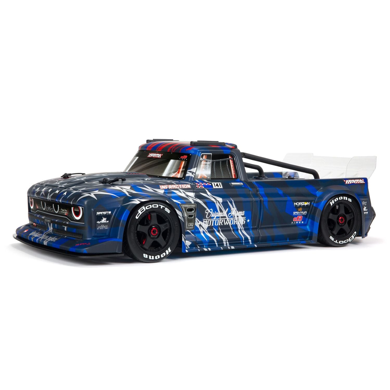 1/7 ARRMA INFRACTION 6S AVC 4X4 RTR - Blue and black model truck with various sponsor logos on a white background