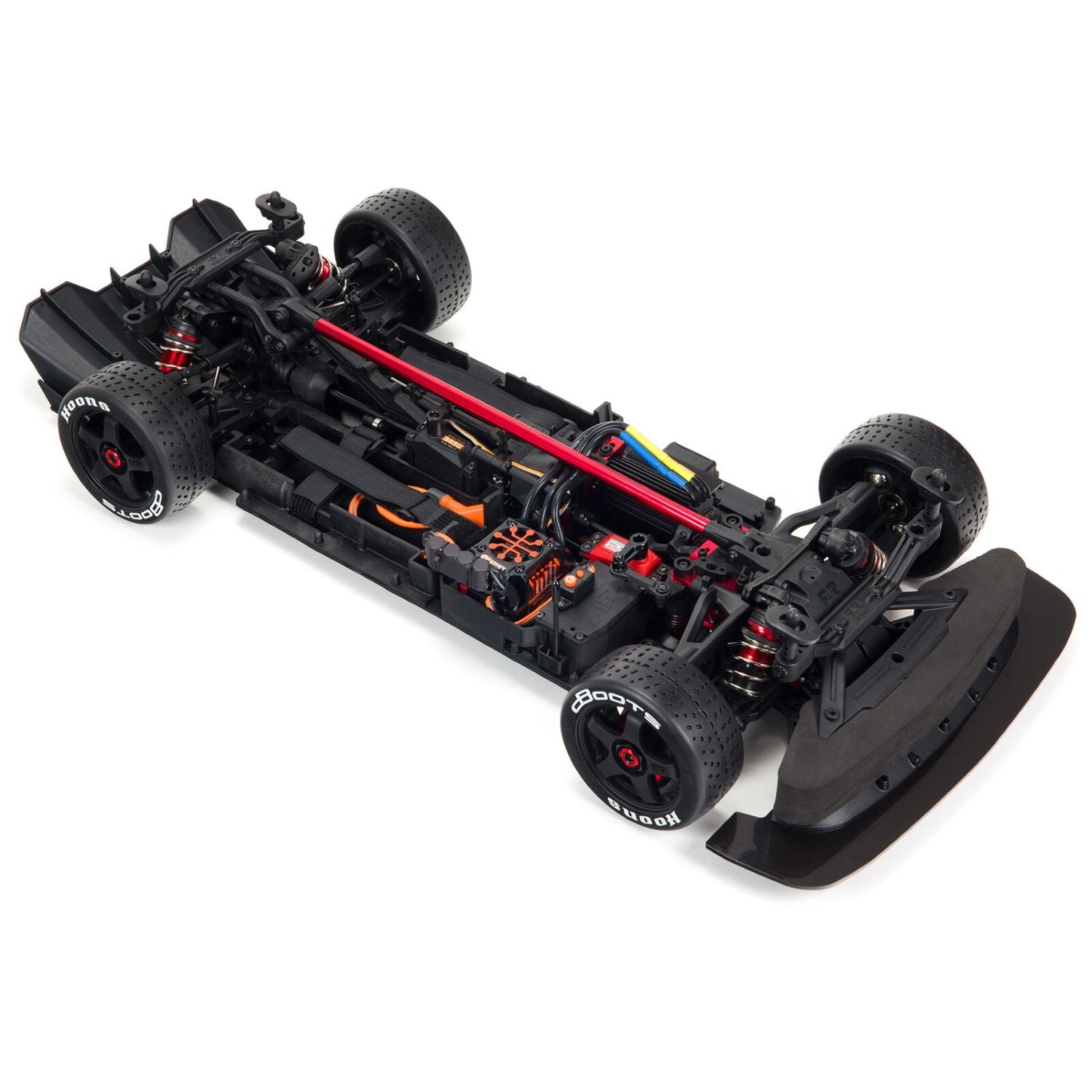 1/7 ARRMA INFRACTION 6S AVC 4X4 RTR - Black and red RC car chassis and components on a white background