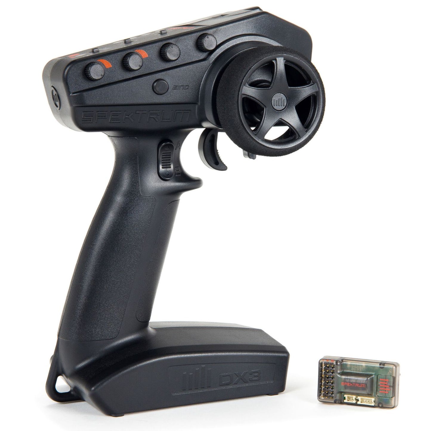 Black remote control with steering wheel and receiver on a white background