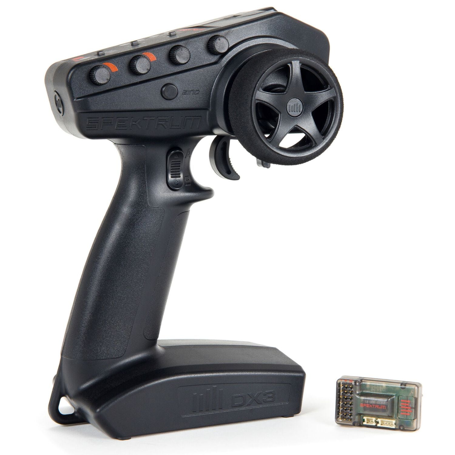 Black remote control with steering wheel and receiver on a white background