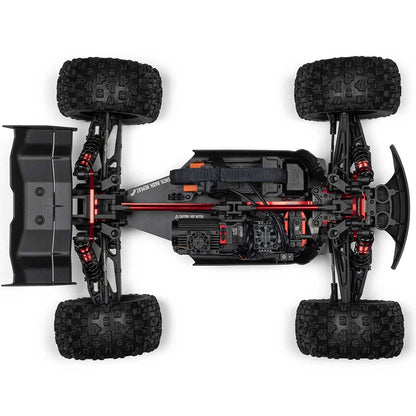 Top-down view of a black and red remote control car chassis - 1/8 ARRMA KRATON 6S EXB 4X4 RTR Brushless Speed Truck