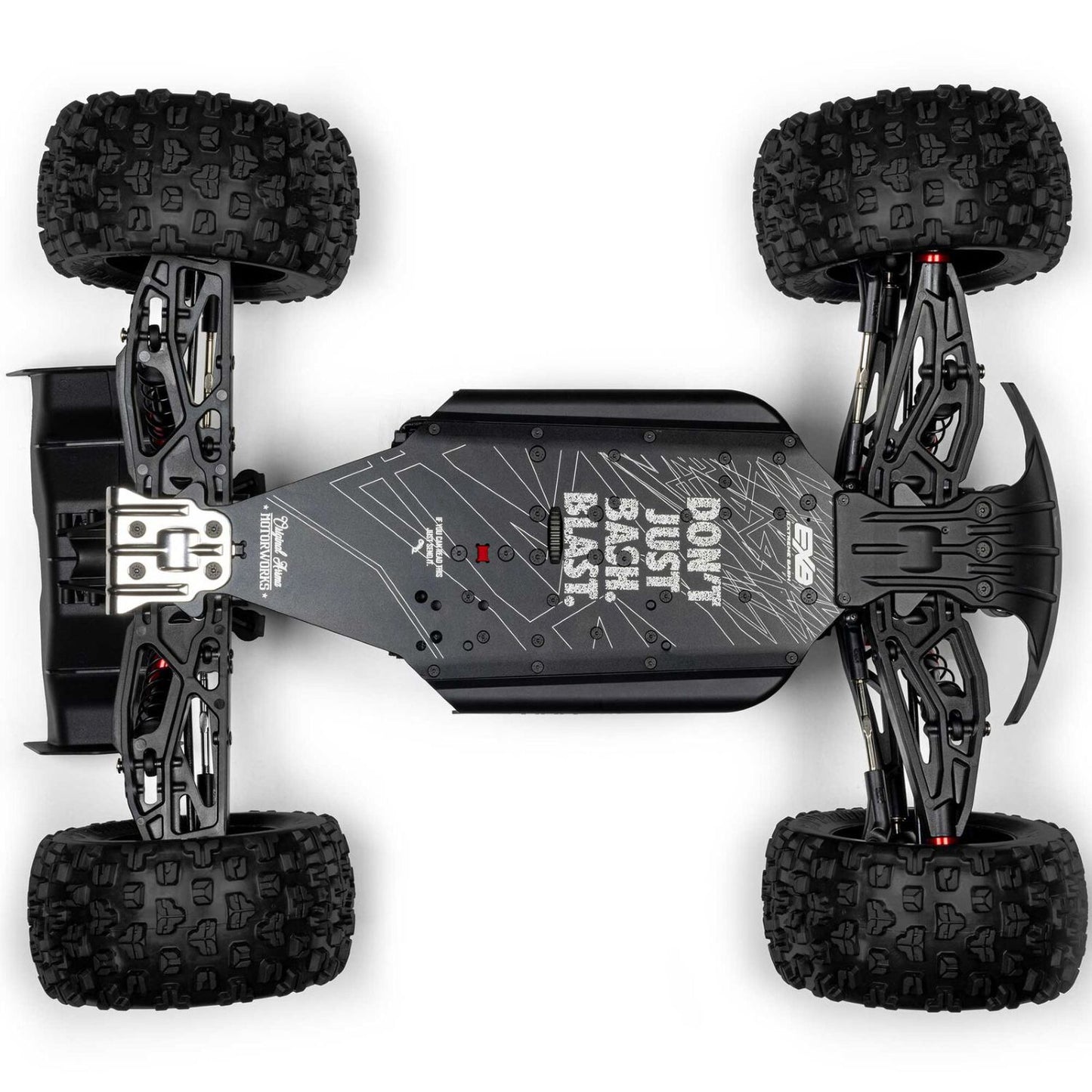 Top-down view of a remote-controlled car with large wheels - 1/8 ARRMA KRATON 6S EXB 4X4 RTR Brushless Speed Truck