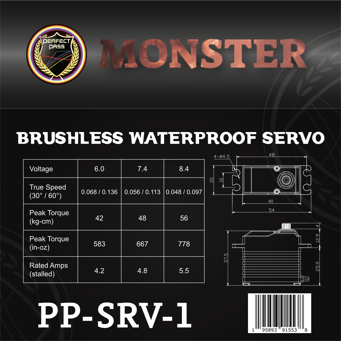 Perfect Pass Monster 56KG Waterproof Brushless Servo for 1/7, 1/8 & 1/ ...